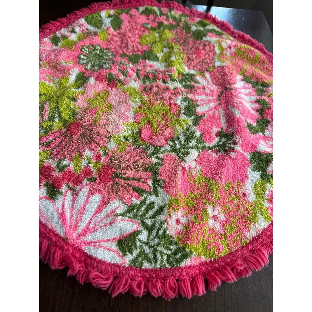 Vintage round hand towel vibrant pink fringed MOD flower power